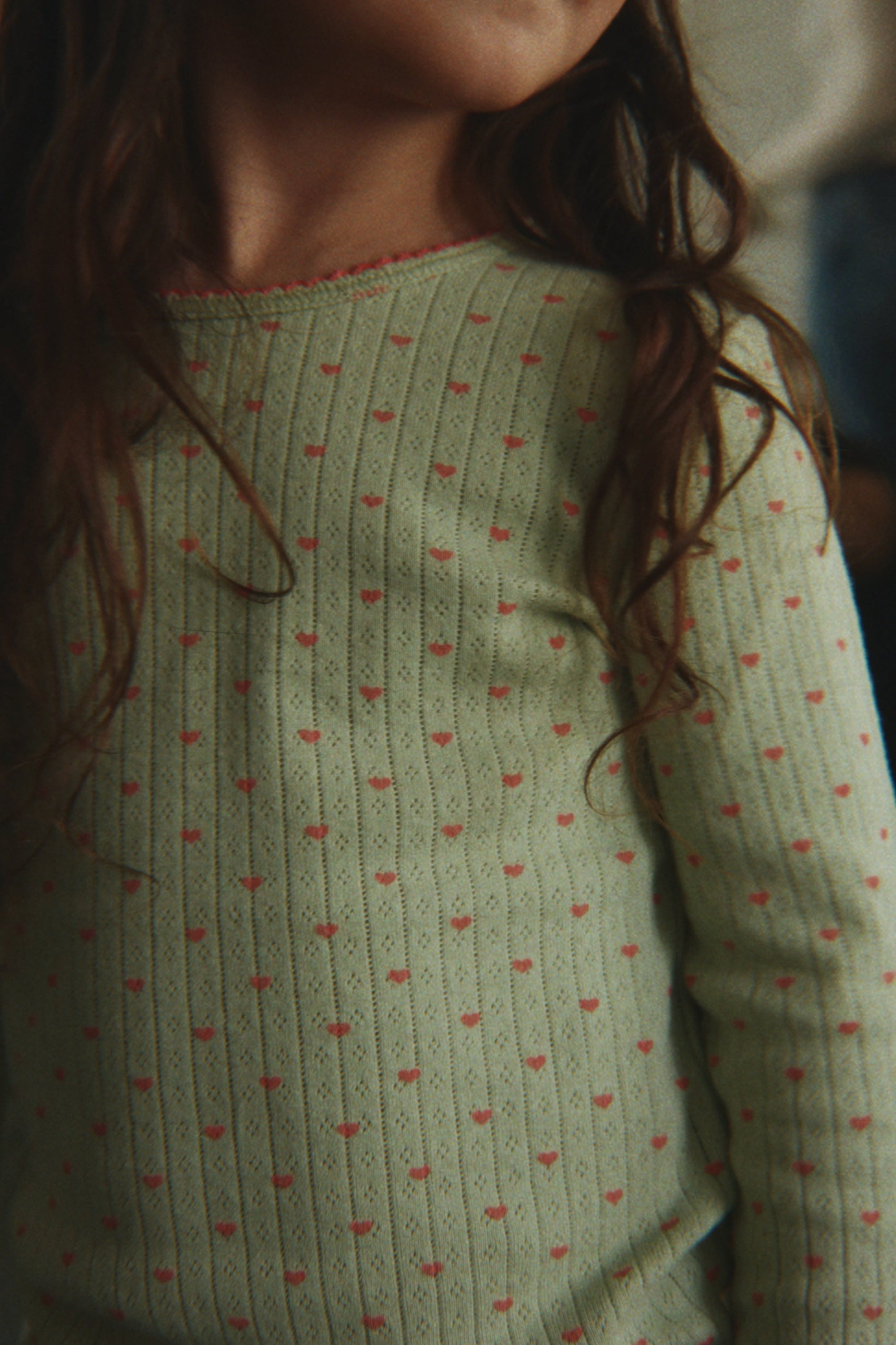 Close-up of a person wearing a green ribbed sweater with small red patterns.