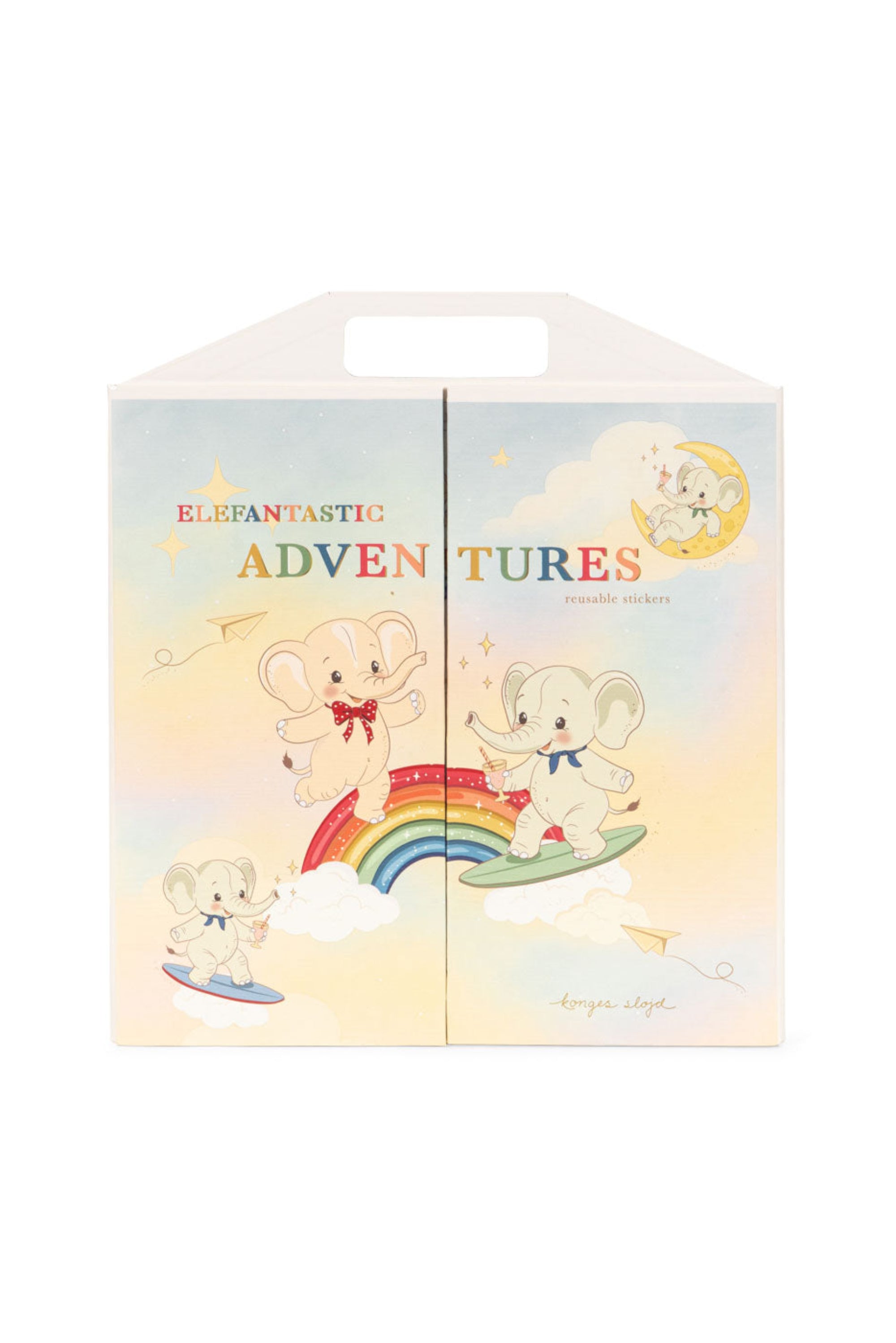 A double-door gift box set from Elefantastic Adventures, featuring a pastel sky design with cartoon baby elephants surfing on a rainbow and clouds, complete with a built-in carrying handle at the top.