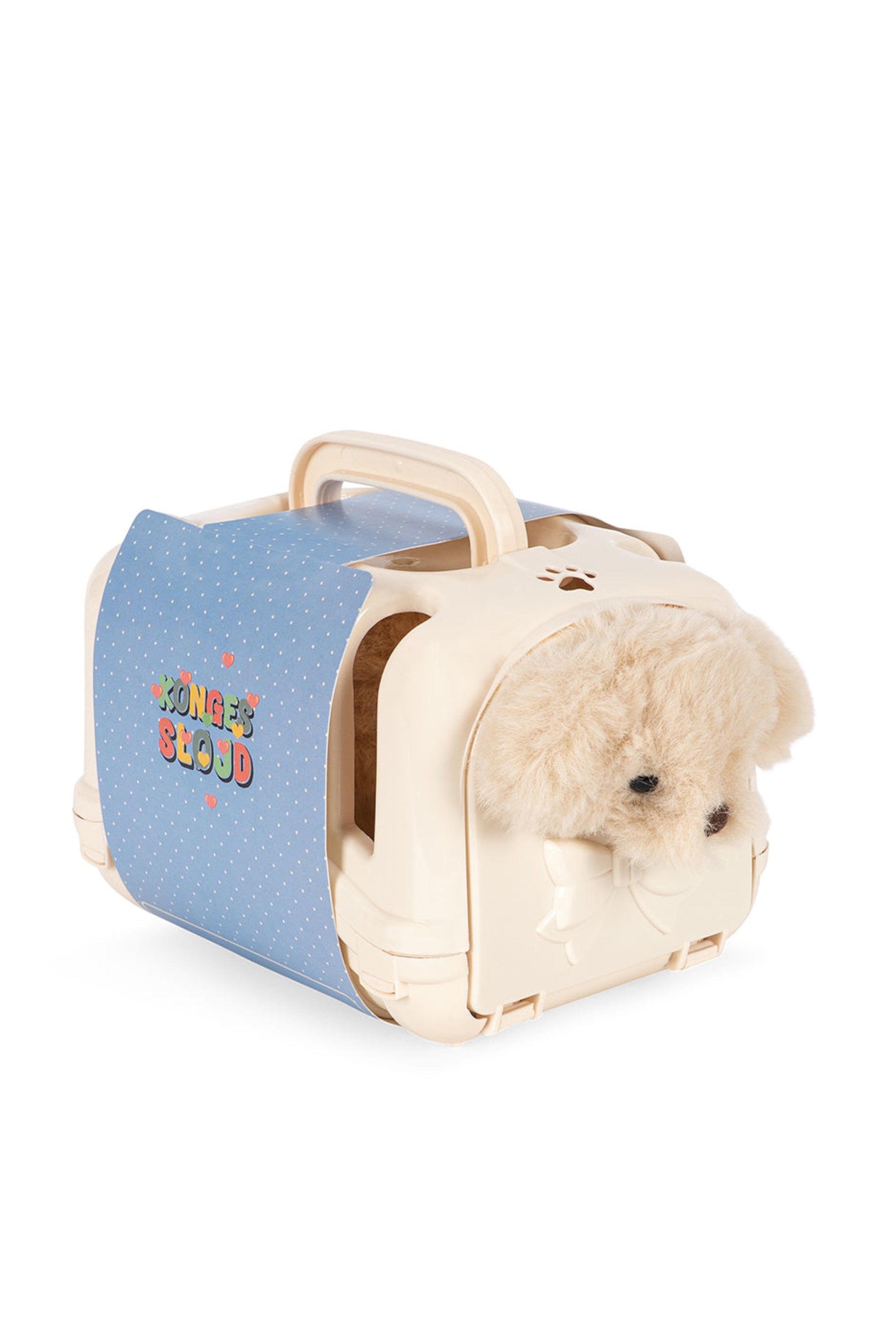 Small plush dog in a blue and beige carrying case on a white background
