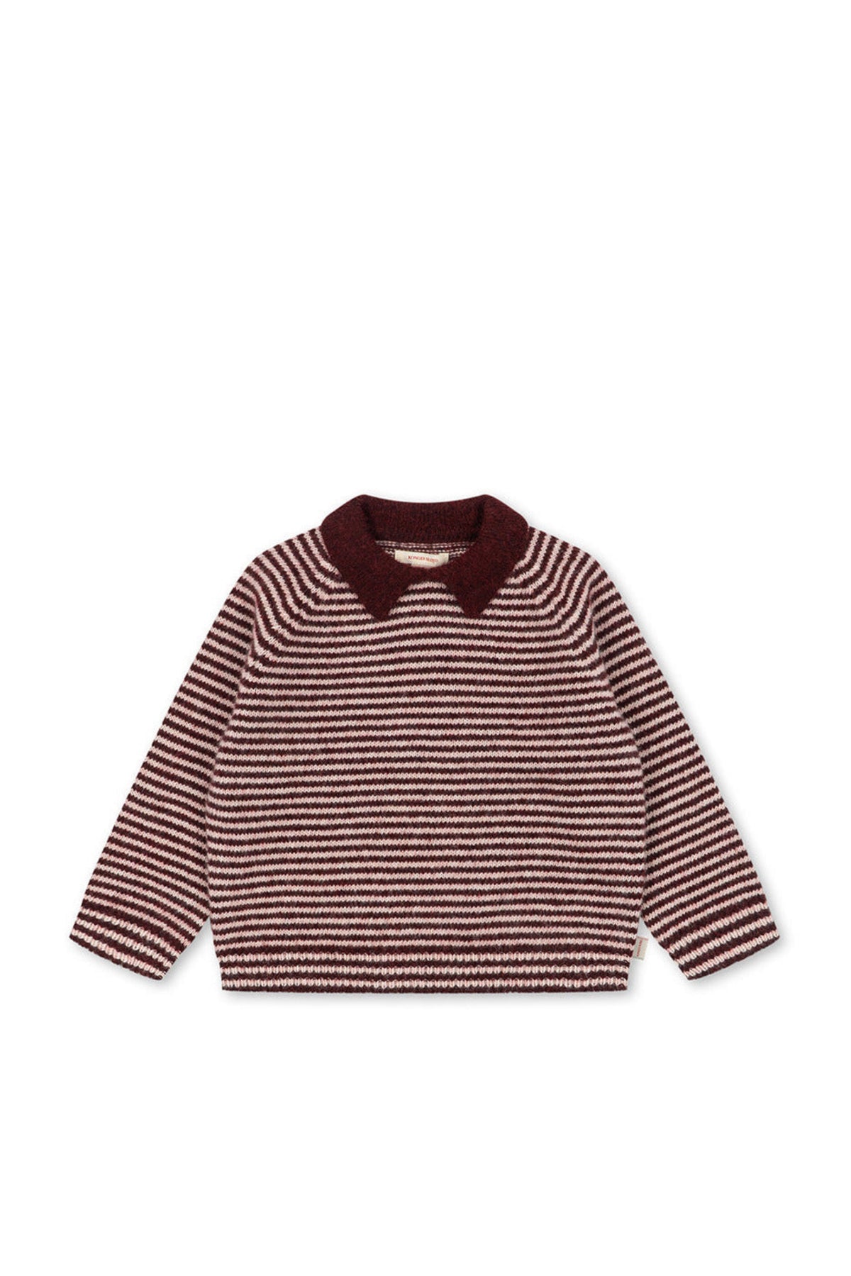A long-sleeve knit polo-style sweater with horizontal burgundy and cream stripes, featuring a solid burgundy collar, shown flat against a plain white background.